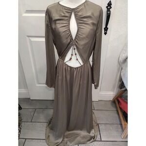 Zara Women Taupe Satin Cutout Bead Detail Maxi Dress Long Sleeve Size Medium NWT